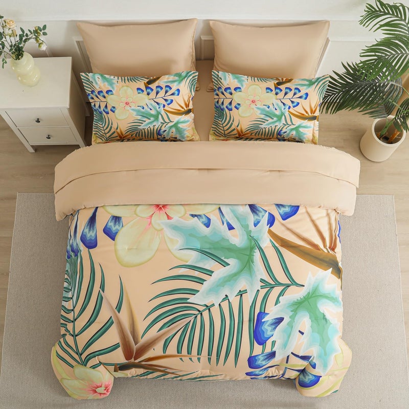 Yogeneg 7 Piece Bed in a Bag Queen Size Comforter Set Khaki Bedding Set Yellow Floral Green Leaves Pattern Reversible Design Soft Microfiber Comforter with Sheet Set All Season(Khaki Queen) - Image 3